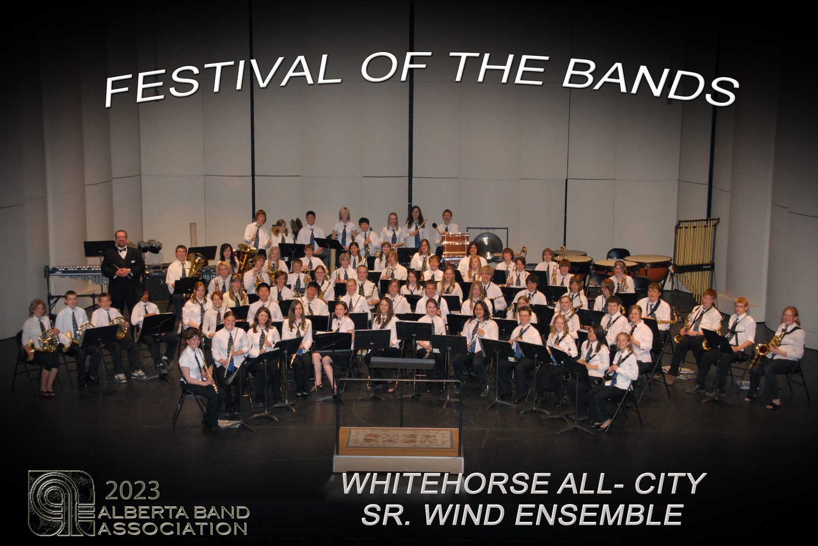 A finished group print: the Whitehorse All-City Senior Wind Ensemble on stage, with a Festival of the Bands 2023 border